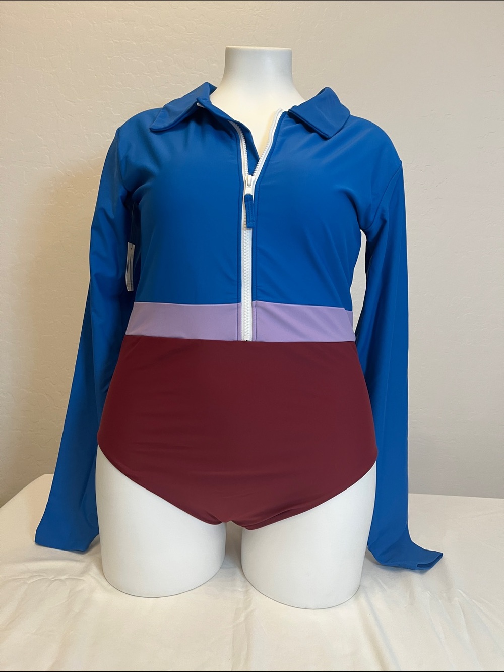 Long-Sleeve Colorblock One-Piece Swimsuit - Blue, Lavender & Burgundy